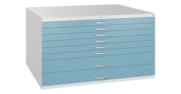 C+P Flachablageschrank Serie 7100_7200, H760xB1350xT960mm, 9016/0010, 2 Schubladenblenden doppelwandig, 7201-200 S10425