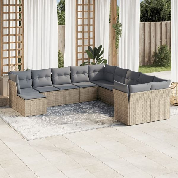vidaXL 11-tlg. Garten-Sofagarnitur mit Kissen Beige Poly Rattan, 3250448