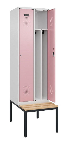 C+P Spind Evolo PLUS, 2 Abteile, 2120x600x815mm, 9016/3015, Zylinderschloss, Sitzfläche Buche-Hartholz, Sitzbank, 0490507-20F S10045