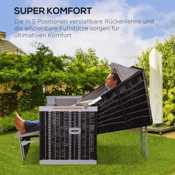 Outsunny Strandkorb mit Sitzhocker und Klapptisch Volllieger Gartenliege Getrankehaltern PE Rattan Grau 118 x 79 x 150 cm, 867-058GY