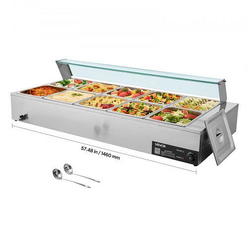 VEVOR kommerzieller Speisenwärmer, 10 x 1/2 Behälter, 1,7 kW Edelstahl mit Glasabdeckung & Suppenkelle, Chafing Dish, SYSPBWQBLZK1LX9XV002V2