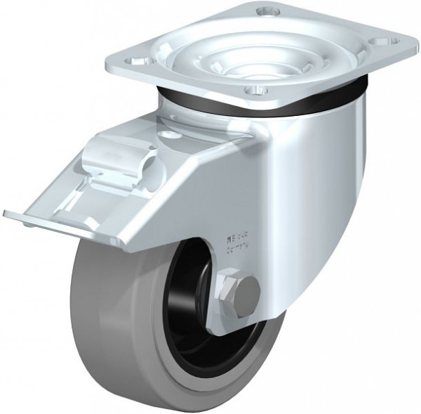 Blickle LK-POEV 100XR-1-FI-SG Stahlblech-Lenkrolle, schwere Ausführung, mit Anschraubplatte & Feststeller, Elastik-Vollgummi, Grau, 850927