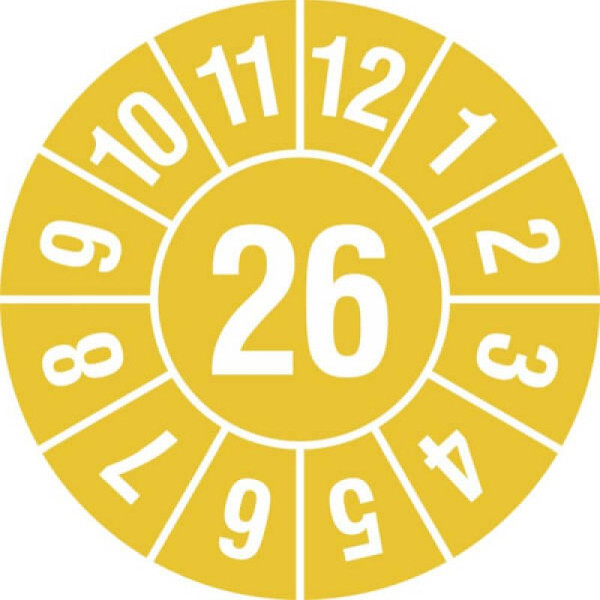Stein HGS Prüfplaketten mit Jahresfarbe (1 Jahr), Ø 25 mm, gelb, 2026, Jahreszahl 2-stellig, 31.3692-26