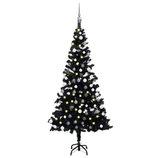 vidaXL Künstlicher Weihnachtsbaum Beleuchtung & Kugeln Schwarz 150 cm, 3077675