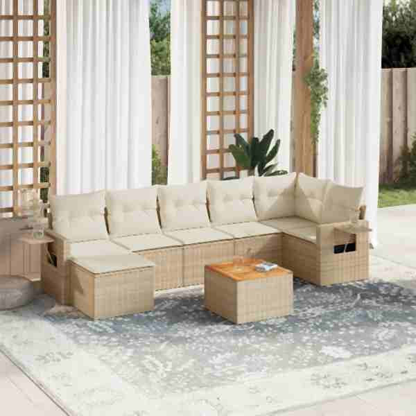 vidaXL 8-tlg. Garten-Sofagarnitur mit Kissen Beige Poly Rattan, UV-beständig, 3257003