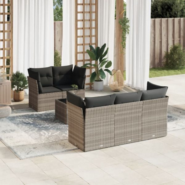 vidaXL 6-tlg. Garten-Sofagarnitur mit Kissen Hellgrau Poly Rattan, 3249091