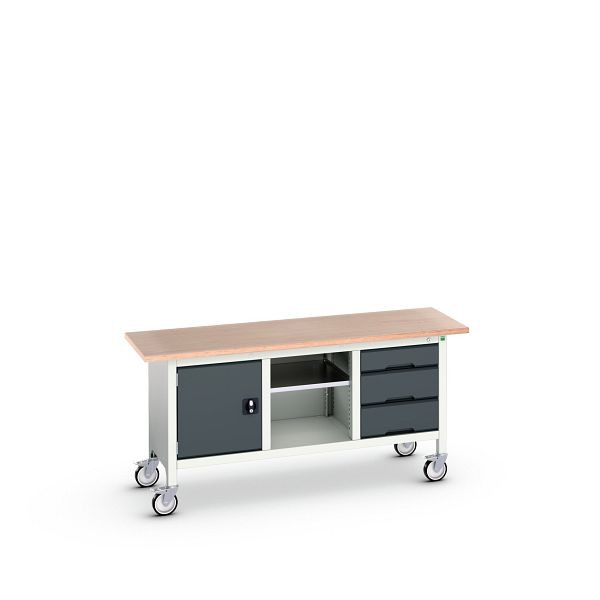 bott verso mobile Kastenwerkbank (Multiplex) 3 Schubladen, 1 Tür und 1 Ablageboden, BxTxH: 1750 x 600 x 830 mm, Lichtgrau / Anthrazitgrau, 16923220.19