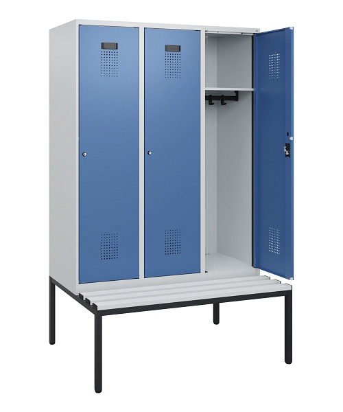 C+P Spind Evolo PLUS, 3 Abteile, 1950x1200x815mm, 7035/5023, Zylinderschloss, Material Sitzfläche Kunststoff, Sitzbank, 0490505-32 S10089