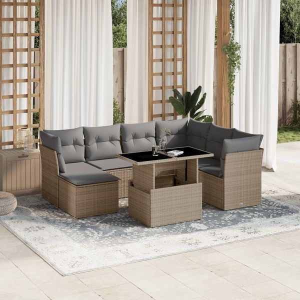 vidaXL 8-teilig Garten-Sofagarnitur mit Kissen Beige Poly Rattan, 3266759