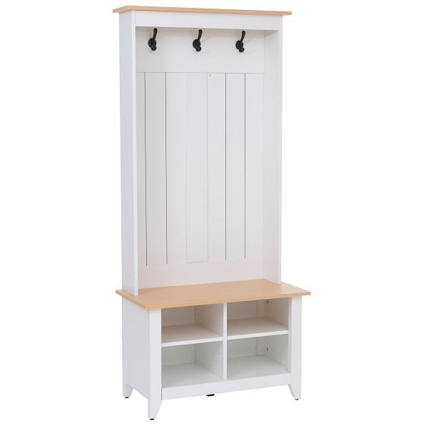 Mendler Garderobe HWC-P28, Standgarderobe Schuhregal Sitzbank, 3 Haken 4 Staufächer Melamin 170x76x39cm, weiß, natur, 118680