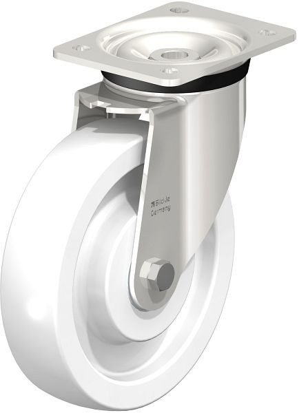 Blickle LKX-SPO 200XK Edelstahl-Schwerlast-Lenkrolle mit Anschraubplatte, Polyamid, Weiß, 69609