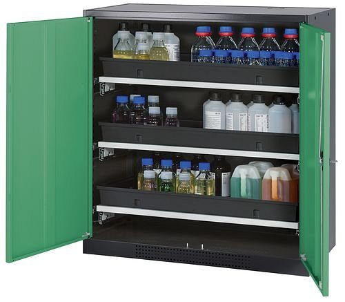 asecos Chemikalienschrank Systema-T CS-103, Korpus anthrazit, Flügeltüren grün, 3 Tablarauszüge, 208868