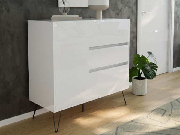 Posseik Sideboard Industrial L 100cm 3 Schubladen 1 Tür Weiß hochglanz, PN2089X0000002DE