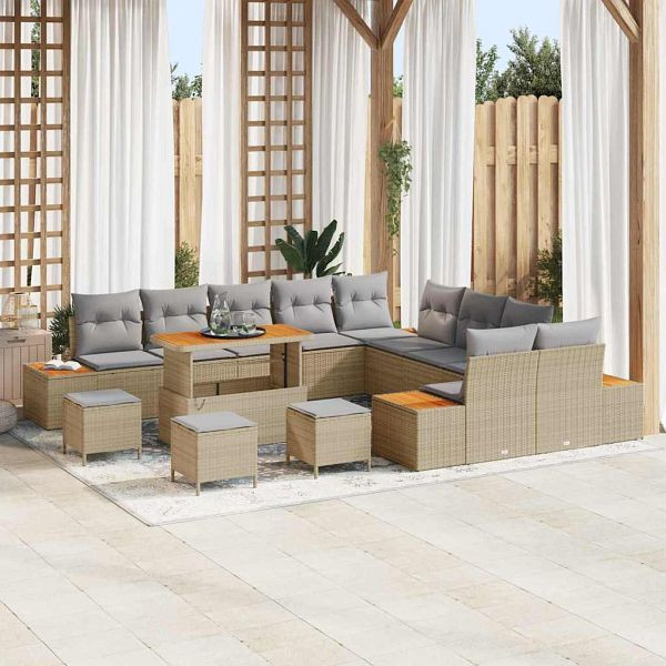 vidaXL Garten-Sofa-Set mit Kissen 14-teilig Beige Poly-Rattan, 3364932