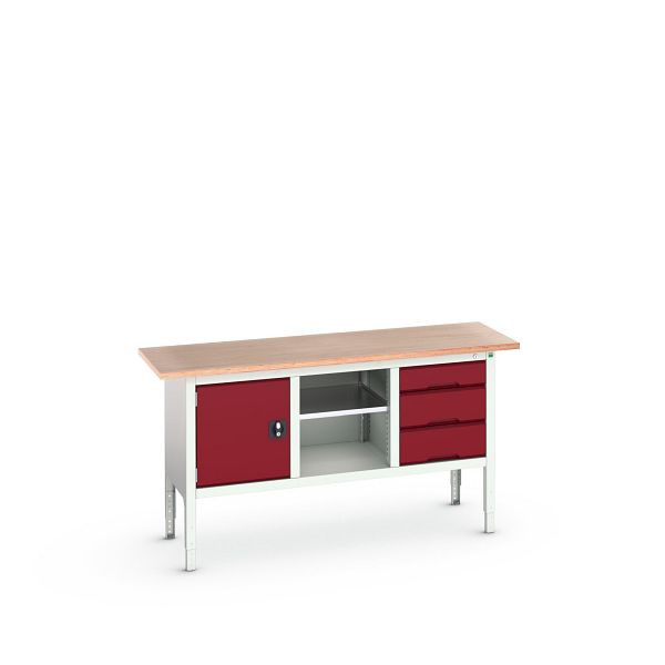 bott verso Kastenwerkbank (Multiplex-Platte) 3 Schubladen, 1 Tür und 1 Ablageboden, BxTxH: 1750 x 600 x 830 - 930 mm, Lichtgrau / Purpurrot, 16923020.24