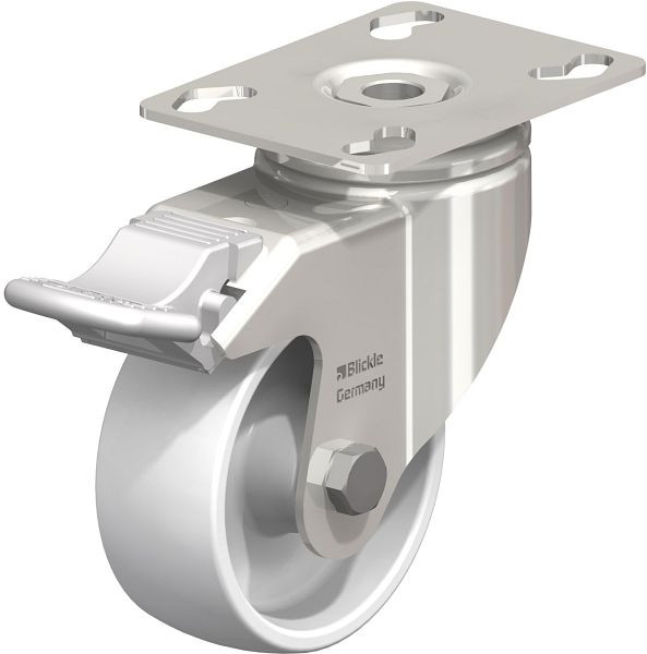 Blickle LKPXA-PO 80G-FI Edelstahl-Apparate-Lenkrolle mit Anschraubplatte & Feststeller, Polyamid, Weiß, 225078