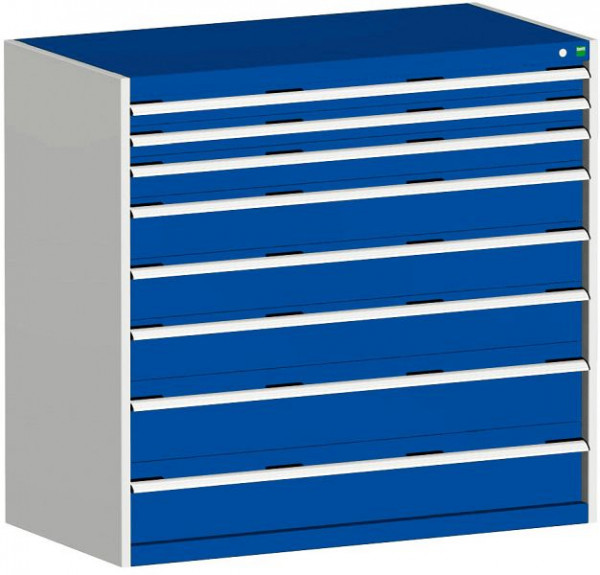 bott cubio Schubladenschrank bestückt mit 8 Schwerlastschubladen BxTxH: 1300 x 750 x 1200 mm, RAL 7035/5010, 40030022.11V