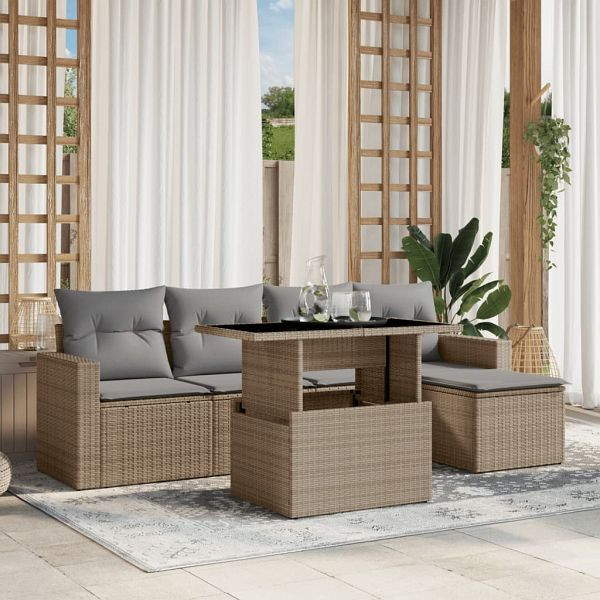 vidaXL 6-teilig Garten-Sofagarnitur mit Kissen Beige Poly Rattan, 3267239