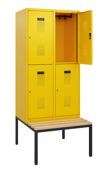 C+P Doppelstöckiger Spind Evolo PLUS, Bank, 4 Fächer, 1950x800x815mm, 1023/1023, Zylinderschloss, Sitzfläche Buche-Hartholz, Sitzbank, 0493505-22 S10062