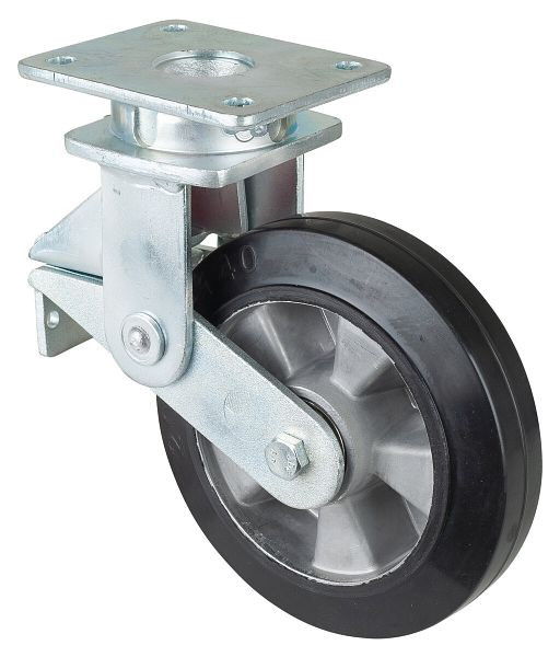 BS Rollen Gefederte Schwerlastrolle, Breite 50 mm, Ø200 mm, bis 450 kg, Elastik-Reifen schwarz, Radkörper Aluminium, Kugellager, T100.B80.200