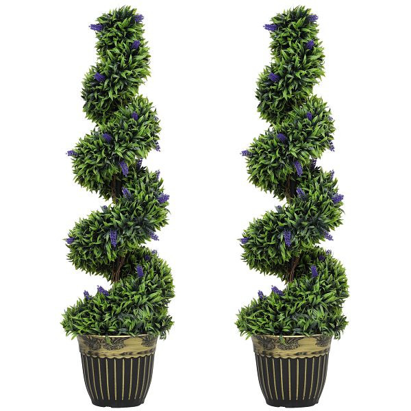 HOMCOM 2-teiliges Kunstpflanzen-Set, Spiral-Design, Zementsockel, Grün, 830-948V01VT