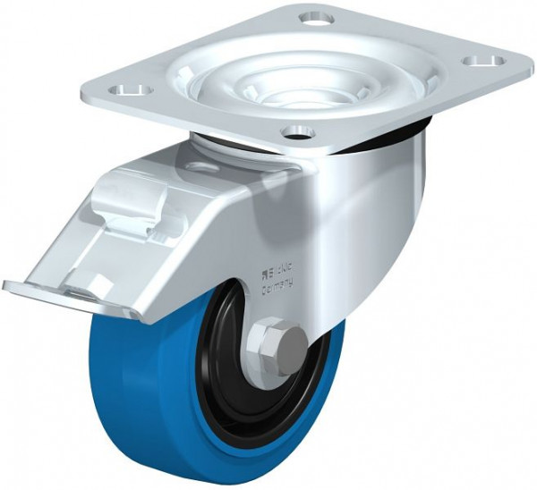 Blickle LE-POEV 80K-FI-SB Stahlblech-Lenkrolle mit Anschraubplatte & Feststeller, Elastik-Vollgummi, Blau, 850088