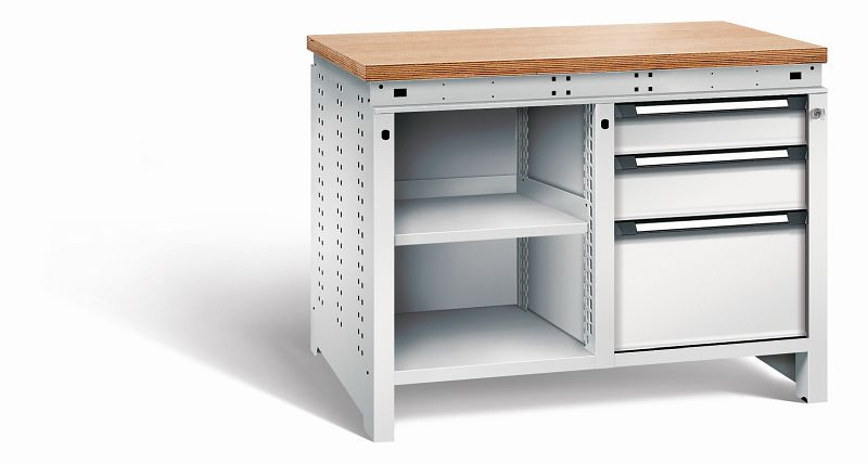 Otto Kind Werkbank Serie function Typ 212, Multiplexplatte, bündig, 2x Unterbau, 1x Zentralverschluss, komplett RAL 7035, 072342117
