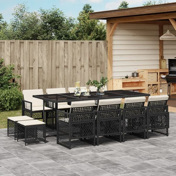 vidaXL 13-tlg. Garten-Essgruppe mit Kissen Schwarz Poly Rattan, 3210798