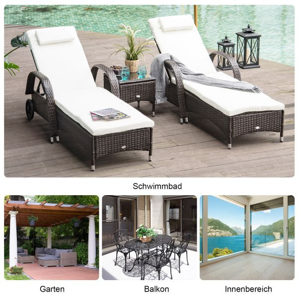Outsunny Sonnenliege Gartenliege Tisch 3er-Set Gartenmöbel Polyrattan+Metall Braun+Cremeweiß, 862-011BN
