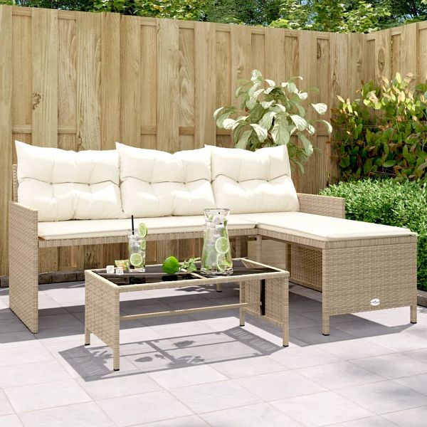 vidaXL Gartensofa in L-Form mit Tisch und Kissen Beige Poly Rattan, 365575