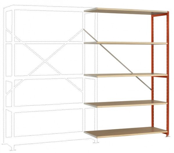 Manuflex Breitfach-Steckregal Anbauregal mit 5 Holzverbundböden, HxBxT = 2000 x 1250 x 400 mm, rotorange, RP1126.2001