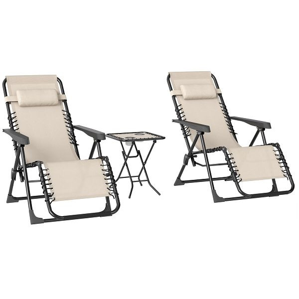Outsunny Gartenliege Set 3-TLG. Sonnenliege mit Teetisch 2 Liegestühle Kissen, Outdoor Liege 90x56x110 cm Beige, 84G-718V00BG
