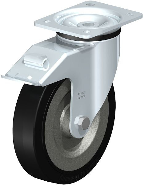 Blickle LK-SE 200K-FI Stahlblech-Lenkrolle, schwere Ausführung, mit Anschraubplatte & Feststeller, Elastik-Vollgummi, Schwarz, 621409