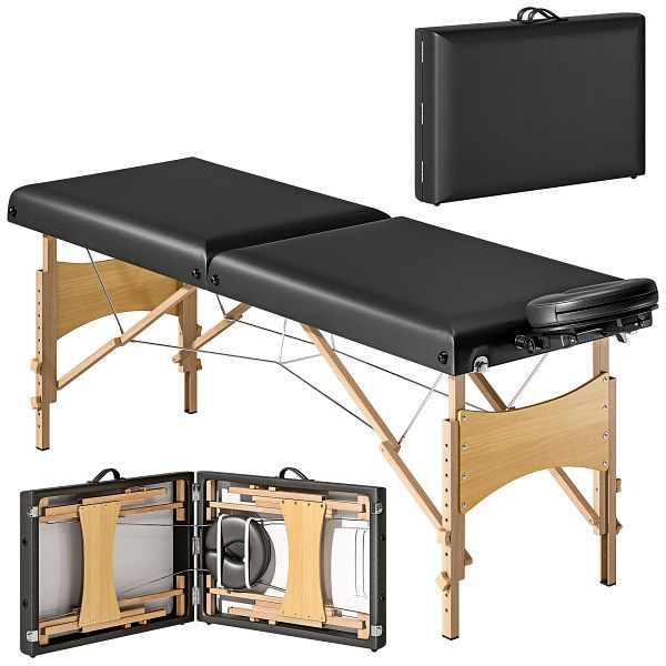 HOMCOM Höhenverstellbarer Massagetisch, Holzgestell, Klappbares Massagebett, Schaumstoffpolsterung, Schwarz, 503-029V00BK