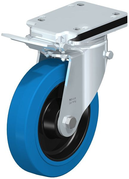 Blickle LH-POEV 200K-IS-SB Stahlblech-Lenkrolle, Schwerlast-Ausführung, mit Anschraubplatte & Feststeller, Elastik-Vollgummi, Blau, 750077