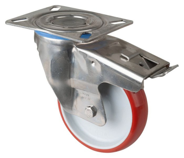 BS Rollen Edelstahl Transportrolle mit Feststeller, B32 mm, Ø125 mm, bis 180 kg, Polyurethan rot, Körper Kunststoff, Gleitlager, Platte, H120.B26.126