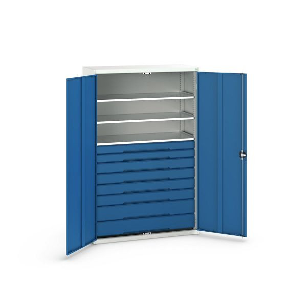bott verso Flügeltürschrank mit Schubladen, mit 3 Fachböden und 8 Schubladen, BxTxH: 1300 x 550 x 2000 mm, Lichtgrau / Enzianblau, 16926657.11