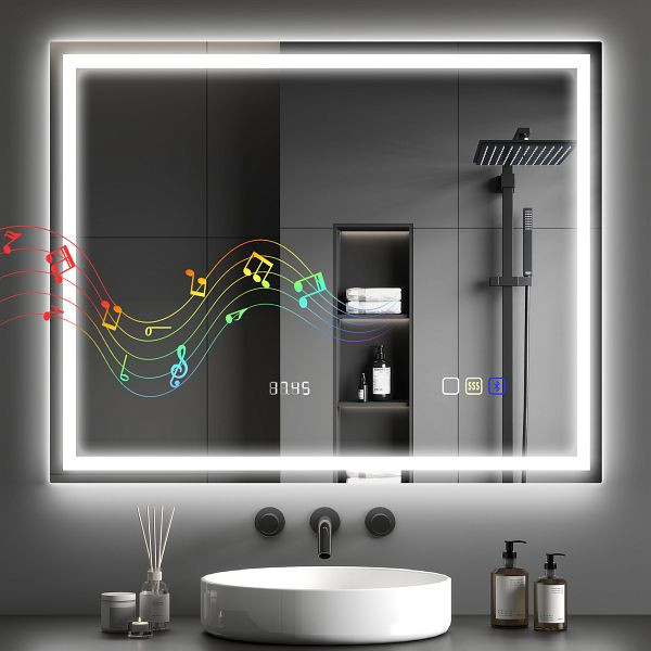 HOMCOM Badezimmerspiegel LED bluetooth 80 x 100 cm Touch-Schalter einstellbare Beleuchtung 3 Farben Anti-Fog Memory Silber, 834-850V07SR