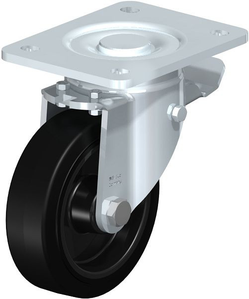 Blickle LH-POEV 125XR-3-ST Stahlblech-Lenkrolle, Schwerlast-Ausführung, mit Anschraubplatte & Feststeller, Elastik-Vollgummi, Schwarz, 851793