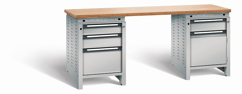 Otto Kind Werkbank Serie function Typ 303, Multiplexplatte 40 mm, bündig, 2x Unterbau + mittleres Feld, komplett RAL 9006, 072358196