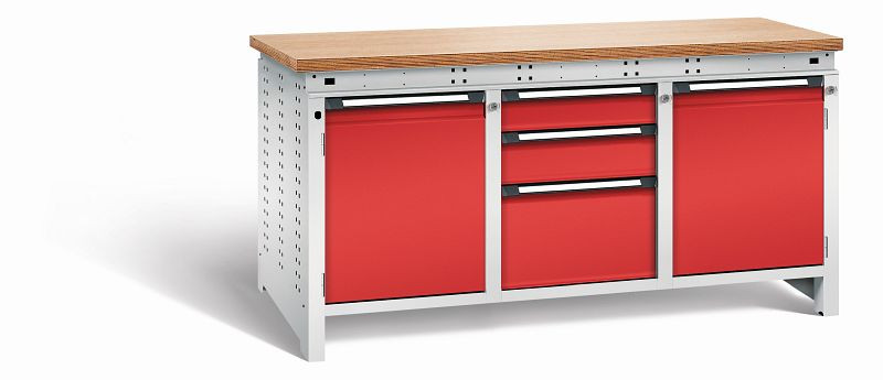 Otto Kind Werkbank Serie function Typ 310, Multiplexplatte 40 mm, bündig, 2x Unterbau + mittleres Feld, Gehäuse RAL 7035, Front RAL 3000, 072365134