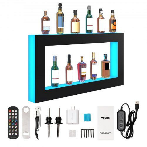 VEVOR Barregal Weinregal LED Beleuchtung Wandmontage 2-stufig 121cm Display, 2 Schichten, KZXBGLED248RFXCBHV2
