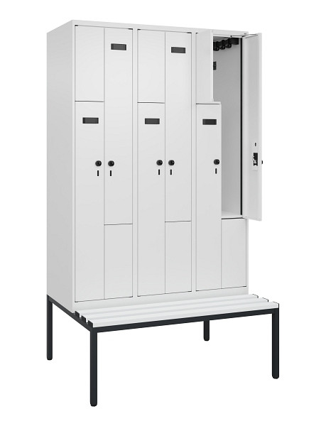 C+P Z-Spind Evolo PLUS, Bank, 6 Fächer, 2120x1200x815mm, 9016/9016, Drehriegel, Sitzfläche Kunststoff, Sitzbank, 0490537-326 S10074