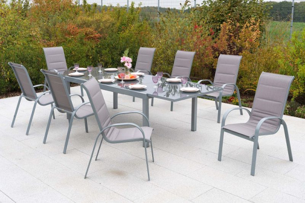 Merxx Amaro Set 9-teilig, diamantbraun, 8 Amaro Stapelsessel, hohe Lehne, gepadded, 1 Semi-Ausziehtisch, 200 (300) x 100 cm, silber/diamantbraun, 50329-330