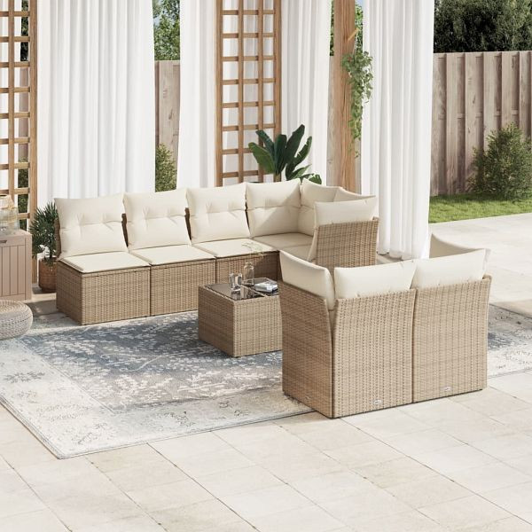 vidaXL 8-teilig Garten-Sofagarnitur mit Kissen Beige Poly Rattan, 3217298