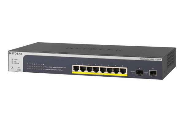 Netgear Gigabit Switch, Smart managed, 8xRJ45 PoE+ 190W, 2x SFP, max. 32 dB bei 25° C, GS510TPP-100EUS