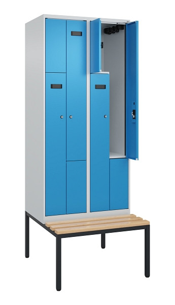 C+P Z-Spind Evolo PLUS, Bank, 4 Fächer, 2120x800x815mm, 7035/5012, Zylinderschloss, Sitzfläche Buche-Hartholz, Sitzbank, 0490537-224 S10039