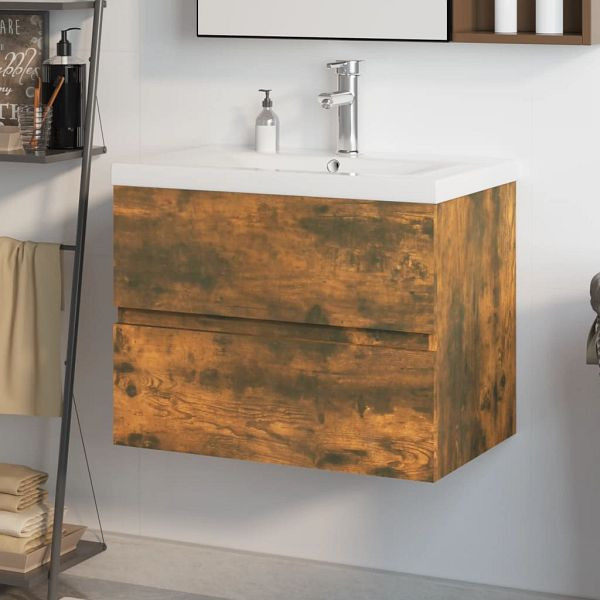 vidaXL Waschbeckenschrank mit Einbaubecken Räuchereiche Holzwerkstoff, 3152870