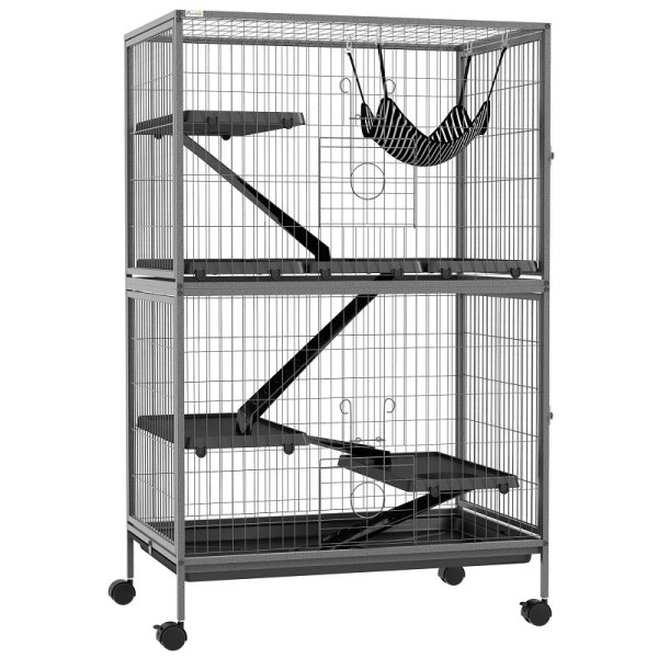 PawHut Kleintierkäfig mit Hängematte, Nagetierkäfig mit Rollen, 4-stöckiger Käfig, Metall, Kunststoff, 80 x 52 x 128 cm, Grau, D51-113V00GY