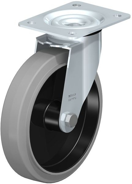 Blickle LE-POEV 201R-SG Stahlblech-Lenkrolle mit Anschraubplatte, Elastik-Vollgummi, Grau, 850251